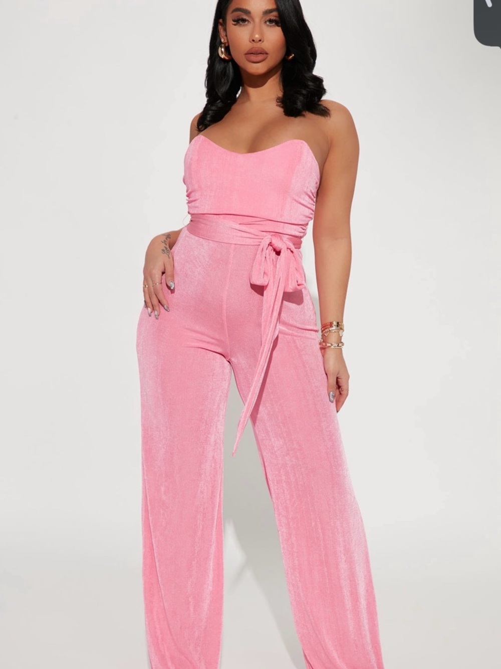Fashion Nova Pink Velvet Strapless Wide-Leg Jumpsuit with Waist Tie